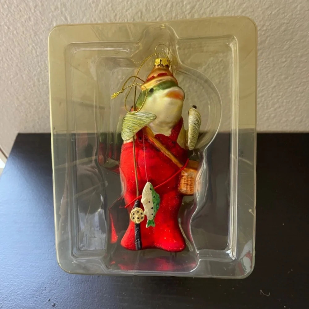 Vintage Glass Fishing Fisherman Christmas Tree Ornament
